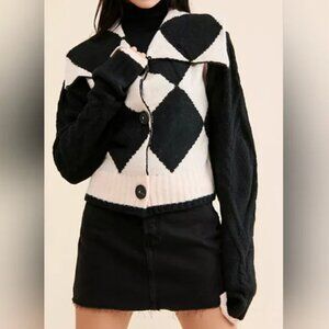 Free People Black White Joy Diamond Polo Cardigan size S